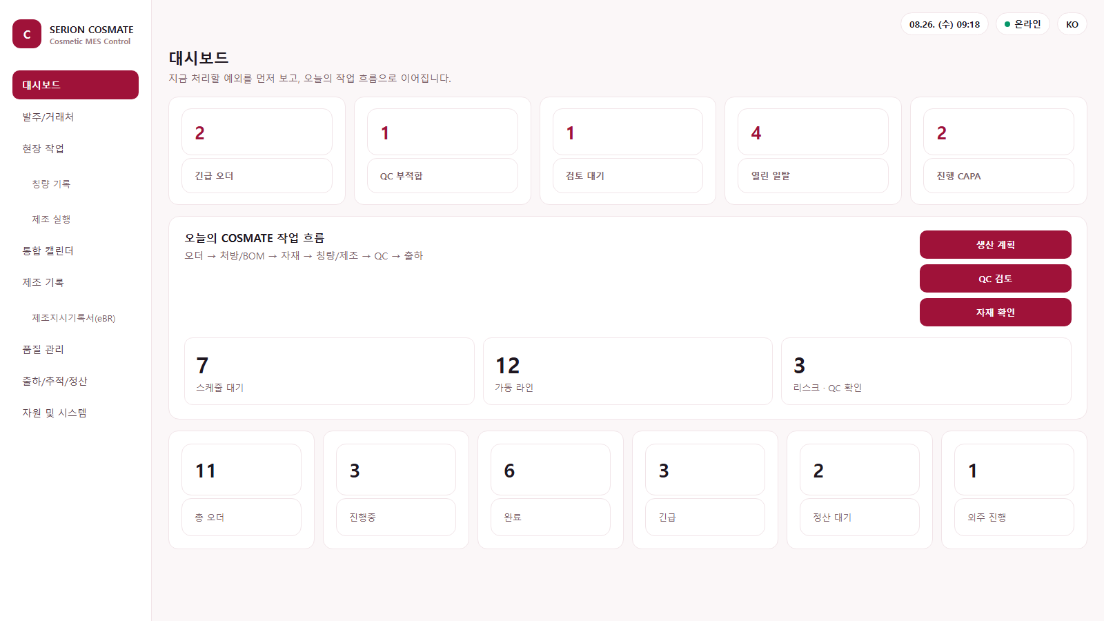 SERION COSMATE 생산 운영 대시보드의 예외 현황과 오늘의 작업 흐름