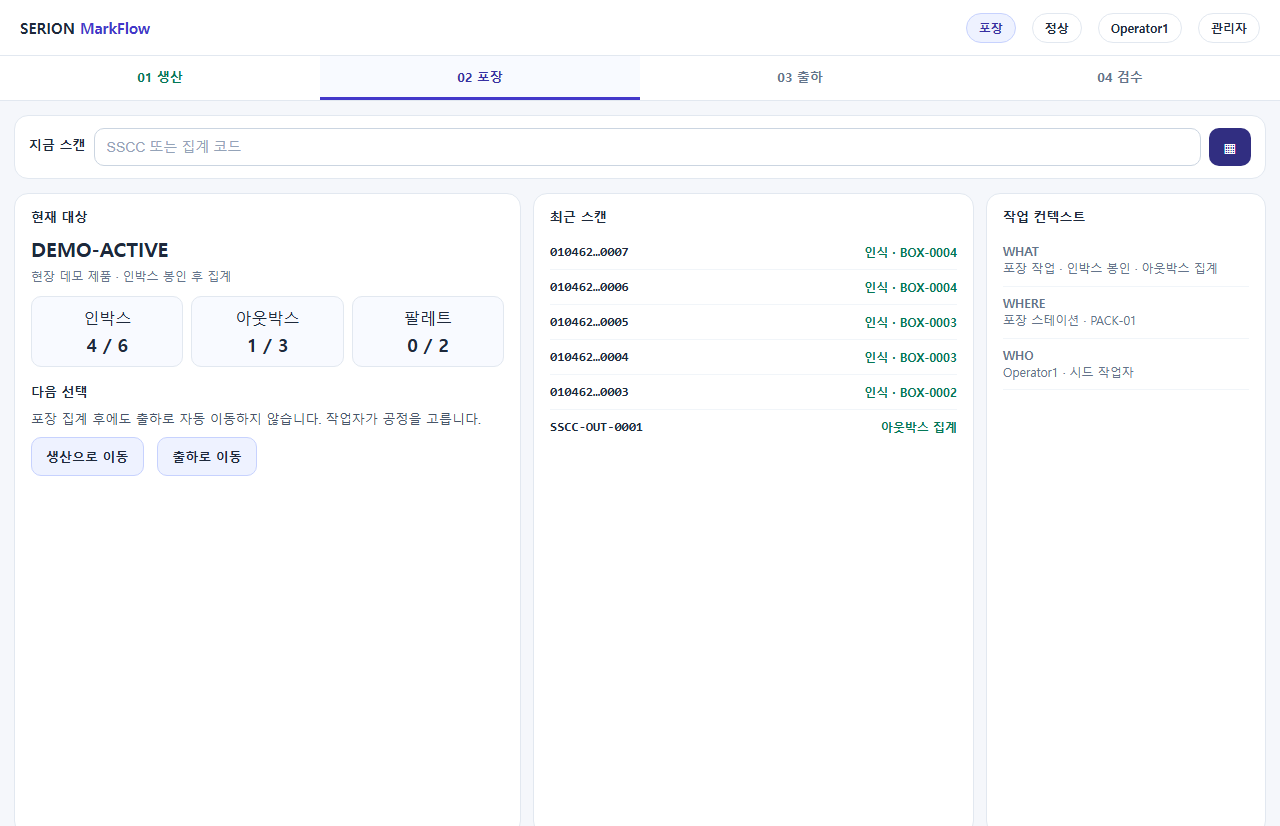 SERION MarkFlow 포장 화면의 최근 스캔 목록과 포장 단계 진행률