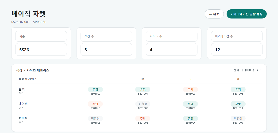 품목 상세 화면 — 변형, 위치, 작업 이력