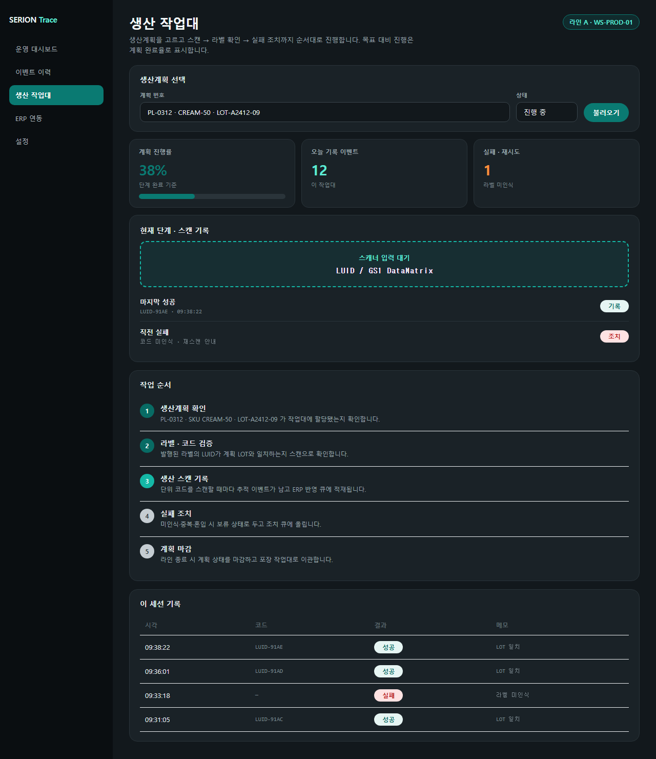 SERION Trace 생산 워크스테이션의 생산계획 스캔 단계와 세션 기록
